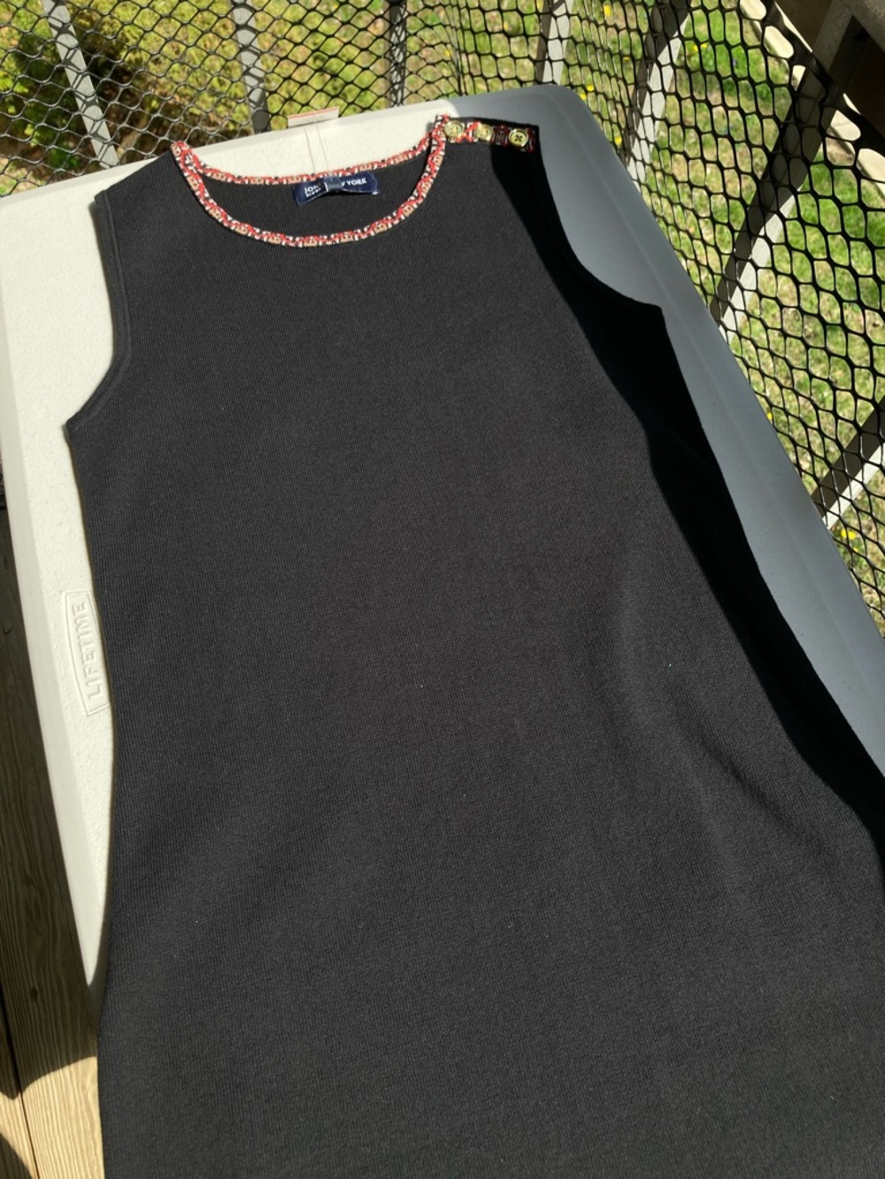 Jones New York Black Ribbed Knit Dress Sleeveless Geometric Trim Sweater Dress - Picture 10 of 13